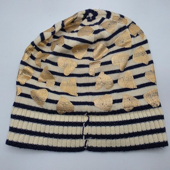 Crewcuts Girls L/XL Black Gold Striped Beanie Hat With Heart Accents Winter Warm - Picture 2 of 6